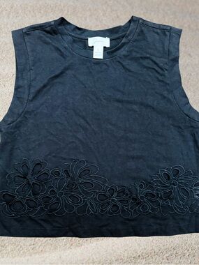 Sleeveless Black Women's Top with Floral Embroidery - Size L